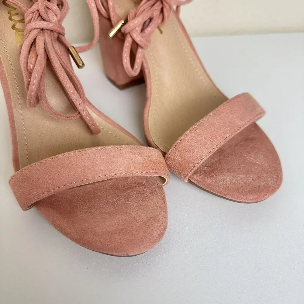 Lulu's Kaira Peach Suede Lace-Up Heels Casual Formal Prom Barbie Womens‎ Size 6